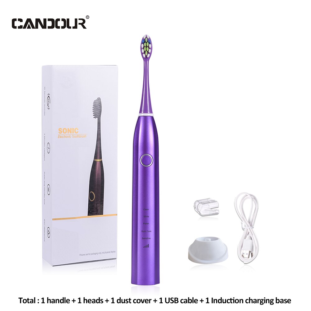 CANDOUR CD-5168 Sonic Electric Toothbrush Rechargeable Toothbrush IPX8 Waterproof 15 Mode USB Charger Replacement Heads Set