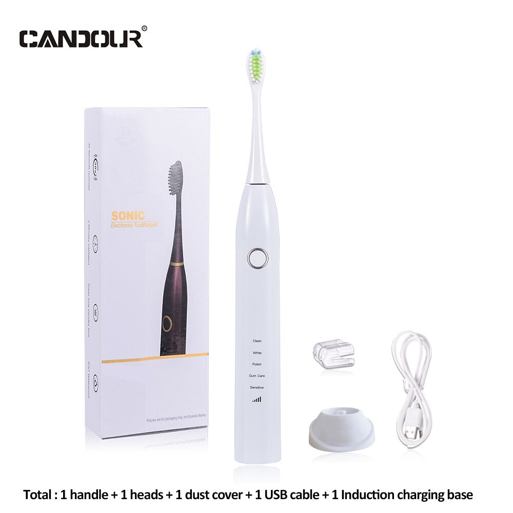 CANDOUR CD-5168 Sonic Electric Toothbrush Rechargeable Toothbrush IPX8 Waterproof 15 Mode USB Charger Replacement Heads Set