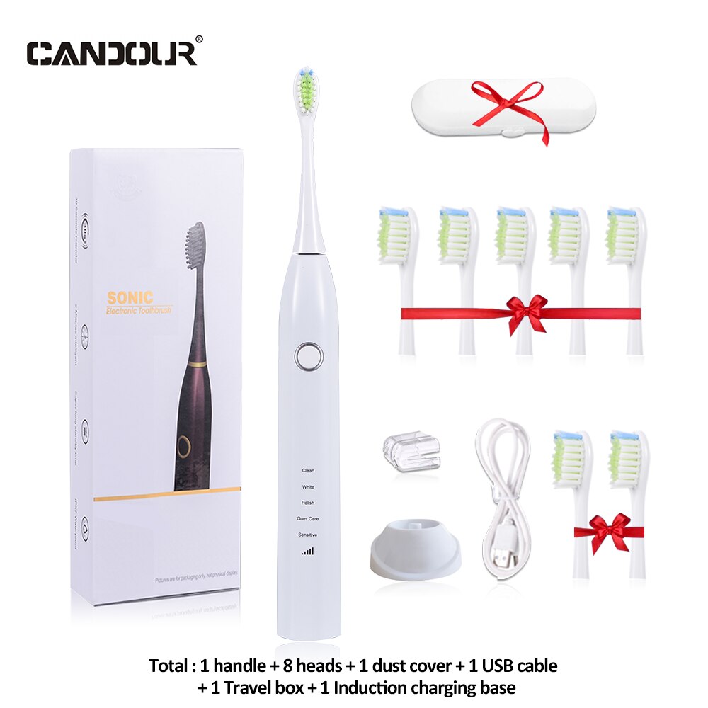 CANDOUR CD-5168 Sonic Electric Toothbrush Rechargeable Toothbrush IPX8 Waterproof 15 Mode USB Charger Replacement Heads Set