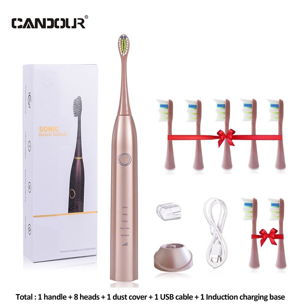 CANDOUR CD-5168 Sonic Electric Toothbrush Rechargeable Toothbrush IPX8 Waterproof 15 Mode USB Charger Replacement Heads Set