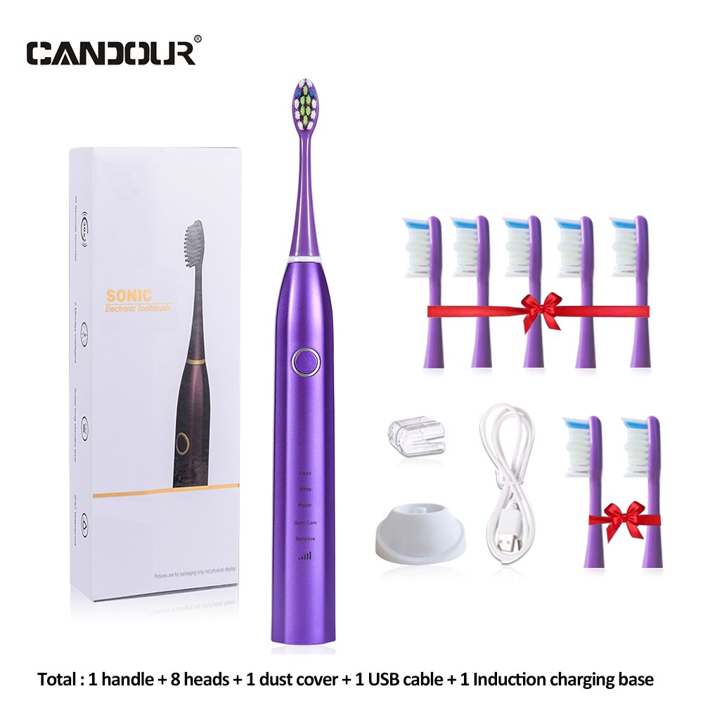 CANDOUR CD-5168 Sonic Electric Toothbrush Rechargeable Toothbrush IPX8 Waterproof 15 Mode USB Charger Replacement Heads Set