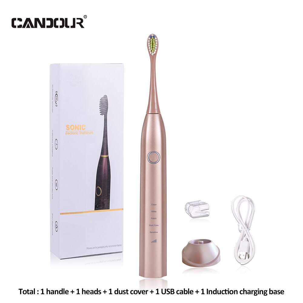 CANDOUR CD-5168 Sonic Electric Toothbrush Rechargeable Toothbrush IPX8 Waterproof 15 Mode USB Charger Replacement Heads Set