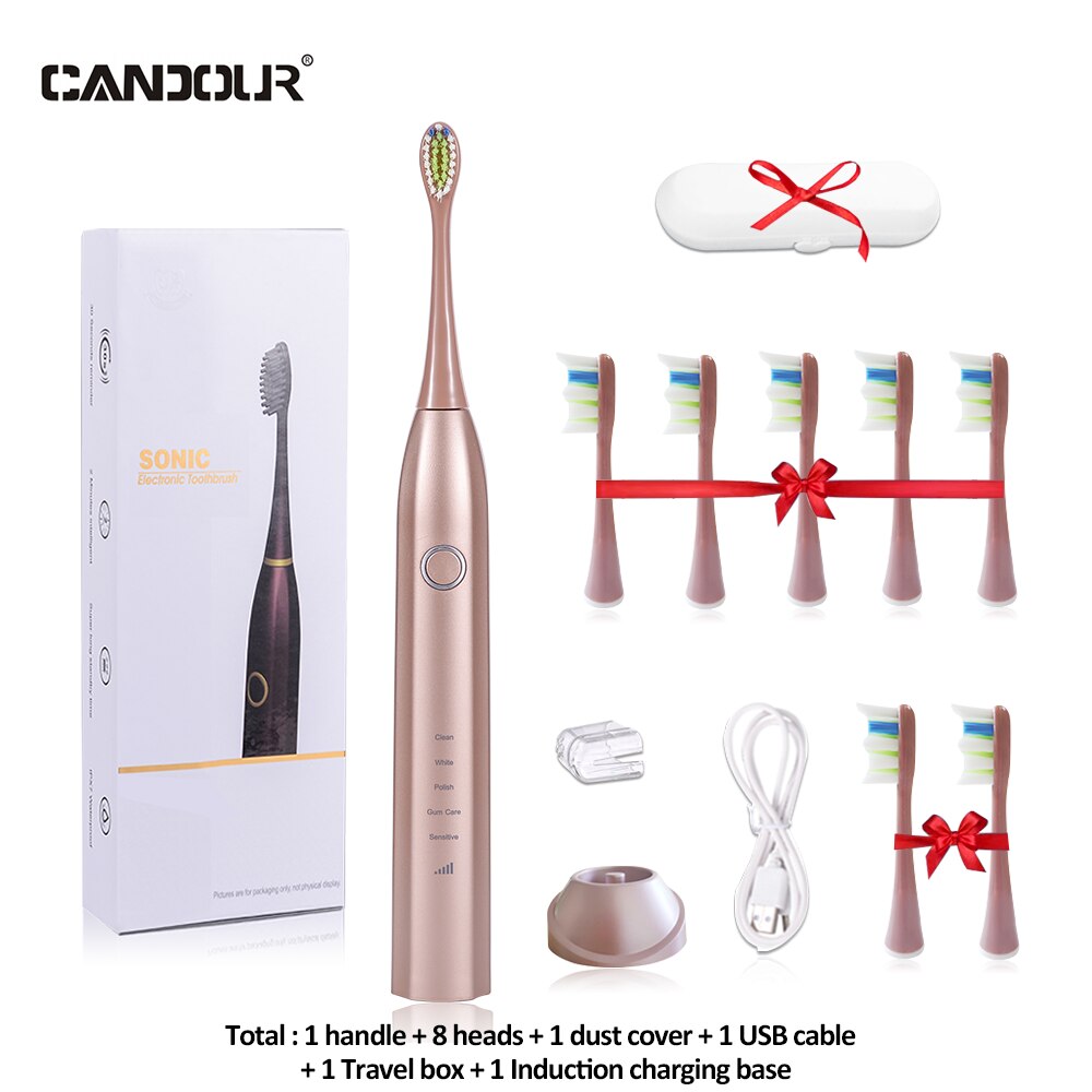 CANDOUR CD-5168 Sonic Electric Toothbrush Rechargeable Toothbrush IPX8 Waterproof 15 Mode USB Charger Replacement Heads Set