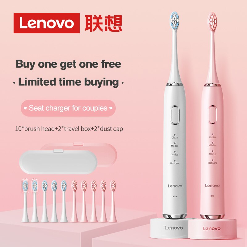 Lenovo Sonic Electric Toothbrush For Adult Teeth 10 Brush Heads With Case IPX7 Waterproof USB Children&#39;s Electric Tooth Brush