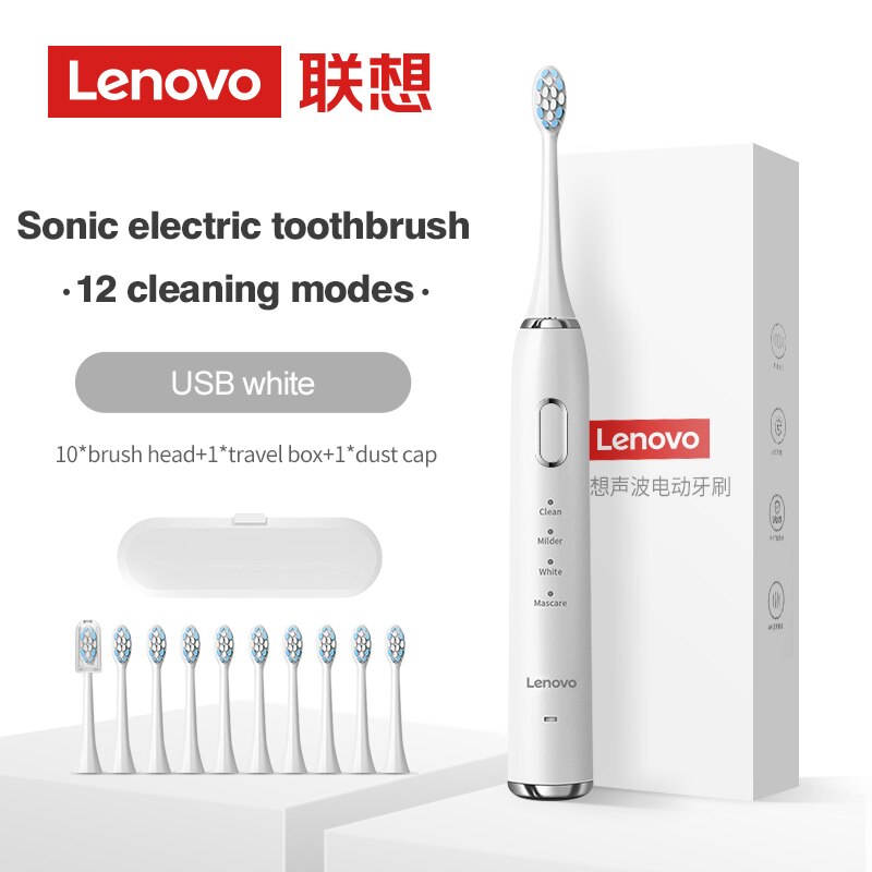 Lenovo Sonic Electric Toothbrush For Adult Teeth 10 Brush Heads With Case IPX7 Waterproof USB Children&#39;s Electric Tooth Brush