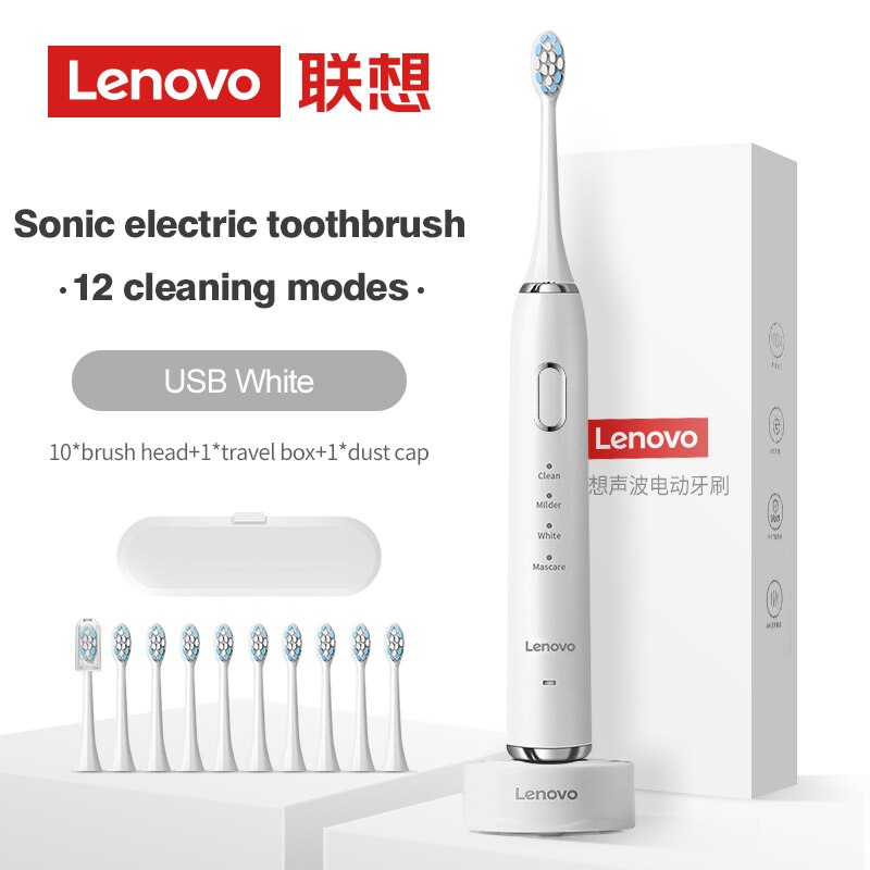 Lenovo Sonic Electric Toothbrush For Adult Teeth 10 Brush Heads With Case IPX7 Waterproof USB Children&#39;s Electric Tooth Brush