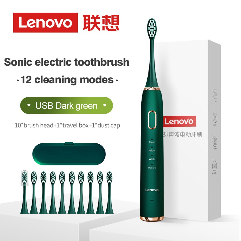 Lenovo Sonic Electric Toothbrush For Adult Teeth 10 Brush Heads With Case IPX7 Waterproof USB Children&#39;s Electric Tooth Brush