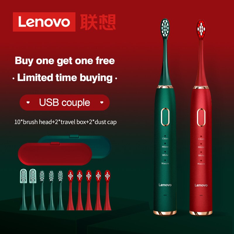 Lenovo Sonic Electric Toothbrush For Adult Teeth 10 Brush Heads With Case IPX7 Waterproof USB Children&#39;s Electric Tooth Brush