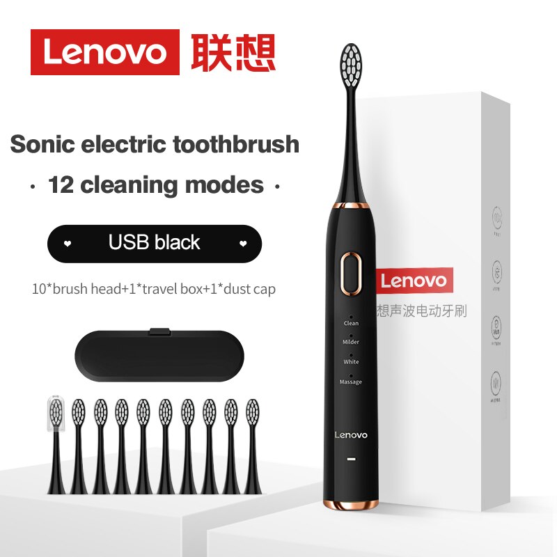 Lenovo Sonic Electric Toothbrush For Adult Teeth 10 Brush Heads With Case IPX7 Waterproof USB Children&#39;s Electric Tooth Brush