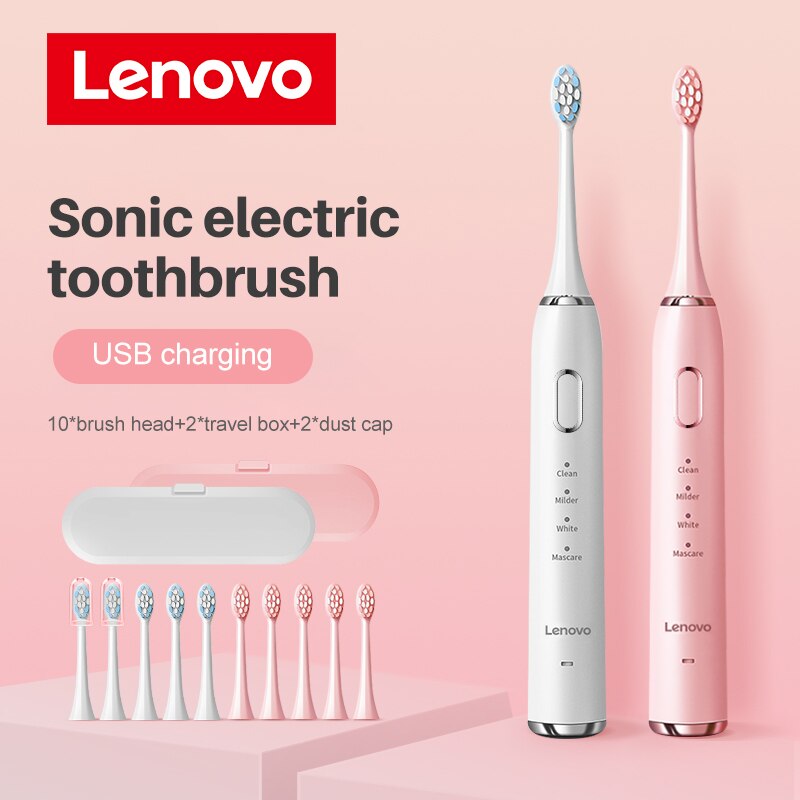 Lenovo Sonic Electric Toothbrush For Adult Teeth 10 Brush Heads With Case IPX7 Waterproof USB Children&#39;s Electric Tooth Brush