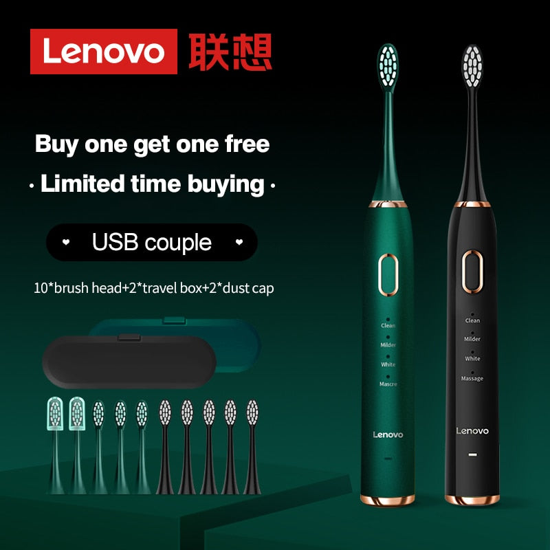 Lenovo Sonic Electric Toothbrush For Adult Teeth 10 Brush Heads With Case IPX7 Waterproof USB Children&#39;s Electric Tooth Brush