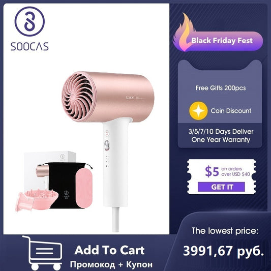 SOOCAS H5 Negative Ion Hair Dryer 1800W Professional Blow Dryer Aluminum Alloy Powerful Electric Dryer Cold Hot Air Circulating