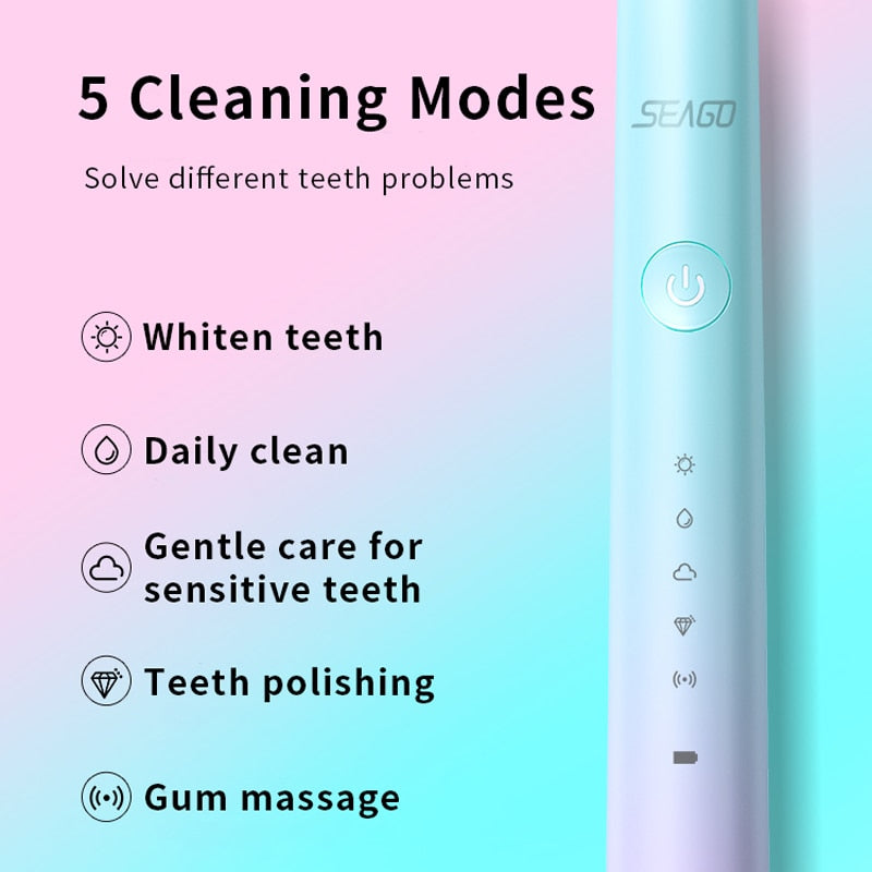 Seago Sonic Electric Toothbrush USB Recharge For Adult 5 Modes Smart Timer Ultrasonic Tooth Brush Whitening Replace Brush Heads