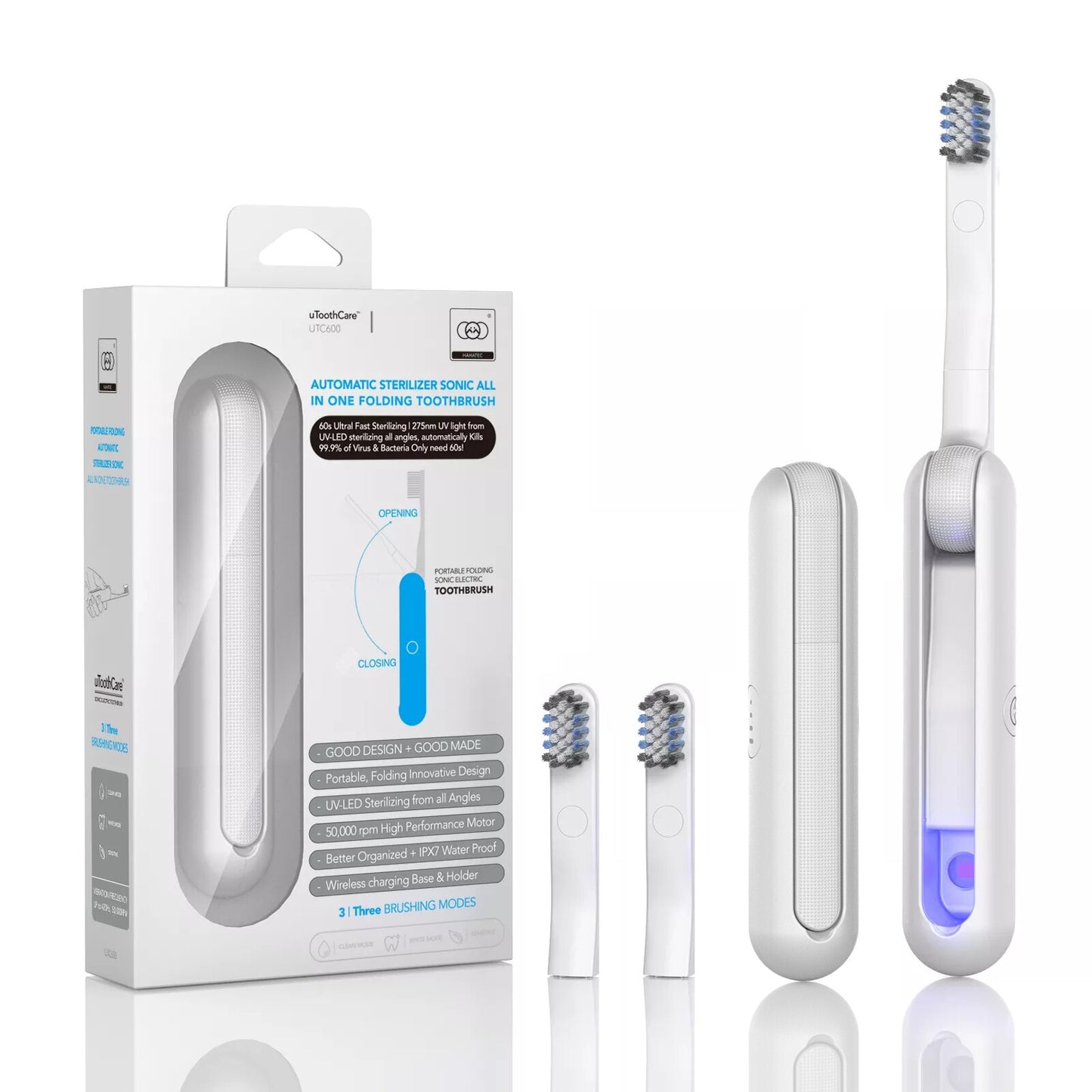 ZK30 UTC600 Ultrasonic Electric Toothbrush Portable Wireless Charging UV-C Folding Toothbrush Smart Timer Sonic Tooth washing