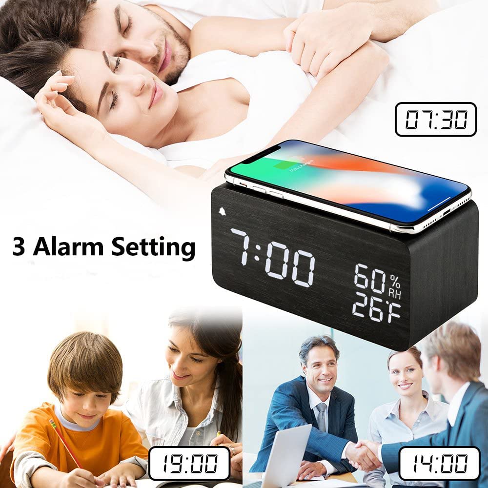 Alarm Clock, Wooden Digital Alarm Clock with Wireless Charging, 3 Alarms LED Display, Sound Control and Snooze Dual for Bedroom, Bedside, Office