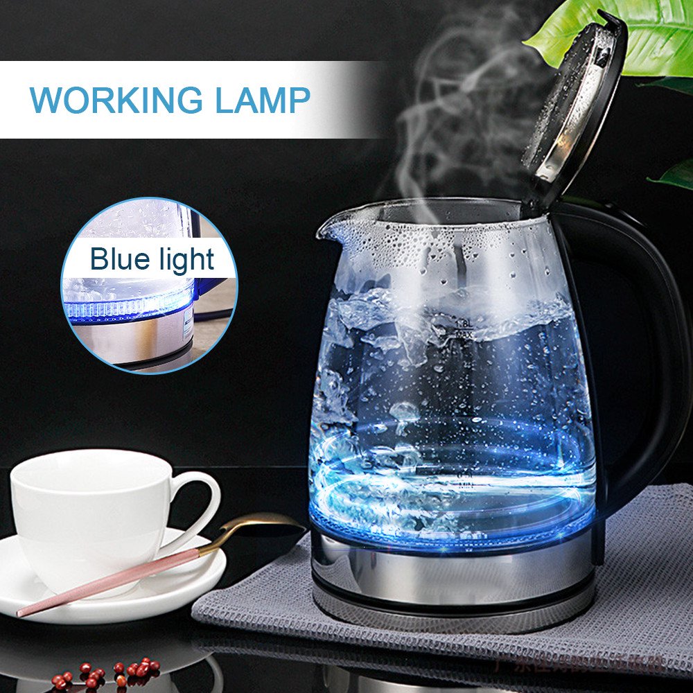 Electric Kettle, Glass and Steel Hot Tea Water Kettle with Blue LED Indicator Light, Tea Kettle with Auto Shut-Off and Boil-Dry Protection, 1.8-Liter