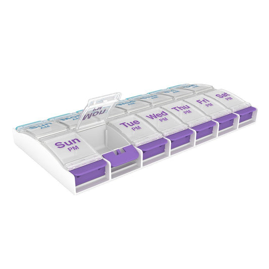 BDUN Push Button Pill Organizer, Weekly Pill, Medicine, Vitamin Organizer Box, 7 Days Pill Container, 2 Times a Day, AM PM, Large Compartments, Arthritis Friendly