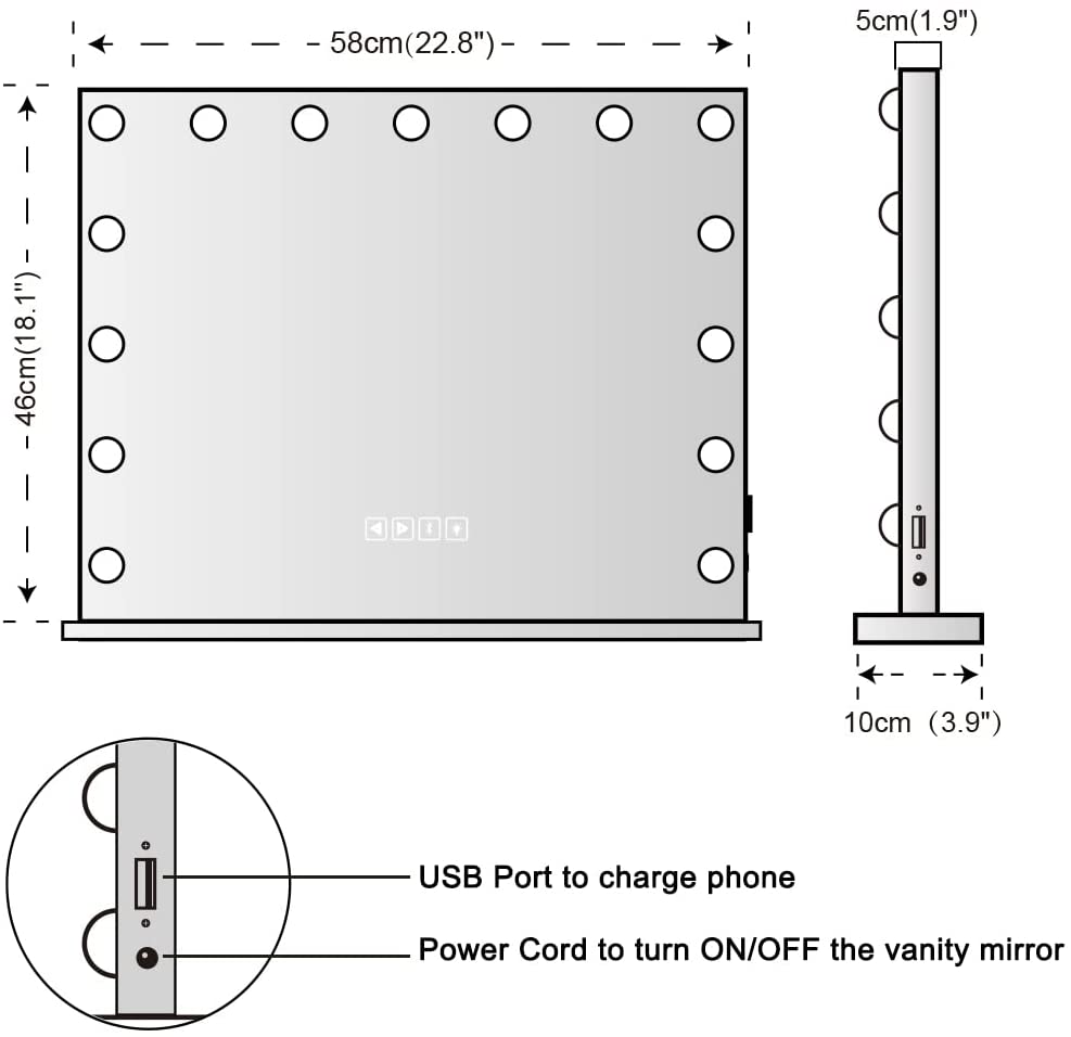Elecsop Hollywood Vanity Mirror Makeup Mirror with Bluetooth with 15 Dimmable Lighted Bulbs for Makeup LED Lighted