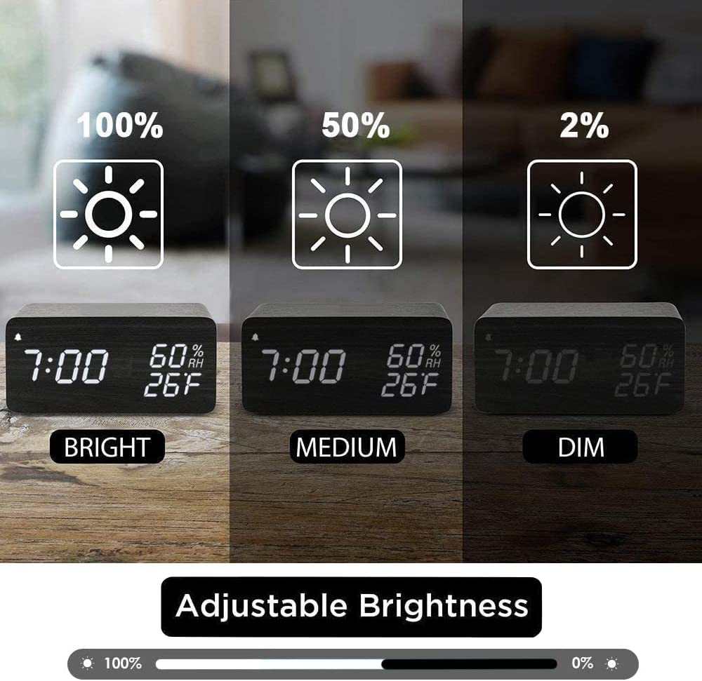 Alarm Clock, Wooden Digital Alarm Clock with Wireless Charging, 3 Alarms LED Display, Sound Control and Snooze Dual for Bedroom, Bedside, Office