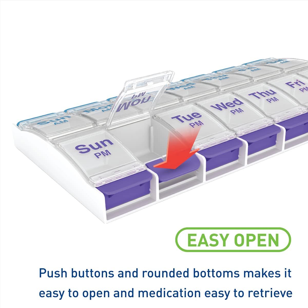BDUN Push Button Pill Organizer, Weekly Pill, Medicine, Vitamin Organizer Box, 7 Days Pill Container, 2 Times a Day, AM PM, Large Compartments, Arthritis Friendly