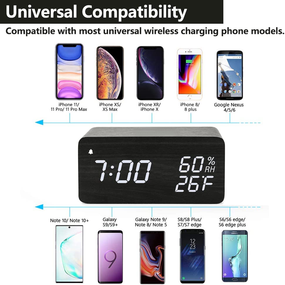 Alarm Clock, Wooden Digital Alarm Clock with Wireless Charging, 3 Alarms LED Display, Sound Control and Snooze Dual for Bedroom, Bedside, Office