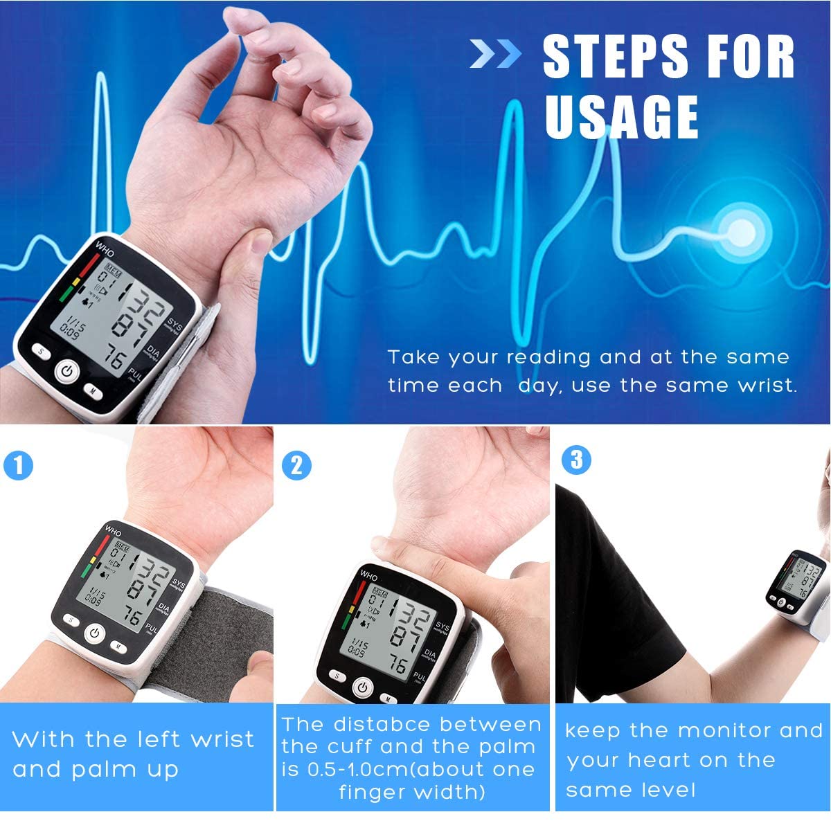 Blood Pressure Machine, Rechargeable Wrist Blood Pressure Monitor Sphygmomanomete, Accurate Blood Pressure Machine for Home Use