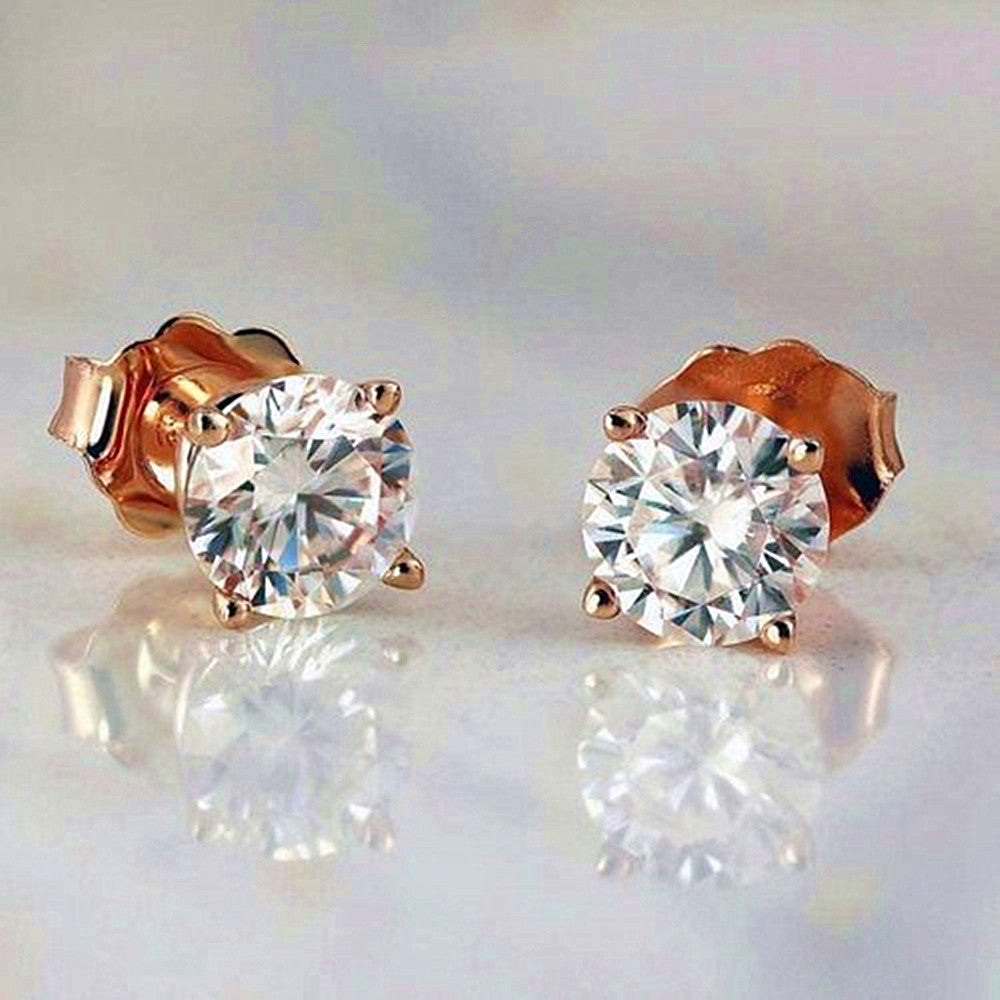 10K Rose Gold Earrings for Women Created White Sapphire Round Stud Earrings Plated for Women (8mm)