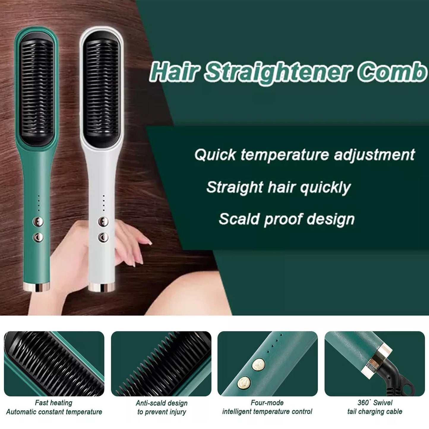 Hair Straightener Brush – Hair Straightening Iron with Built-in Comb, 20s Fast Heating & 4 Temp Settings & Anti-Scald for Women