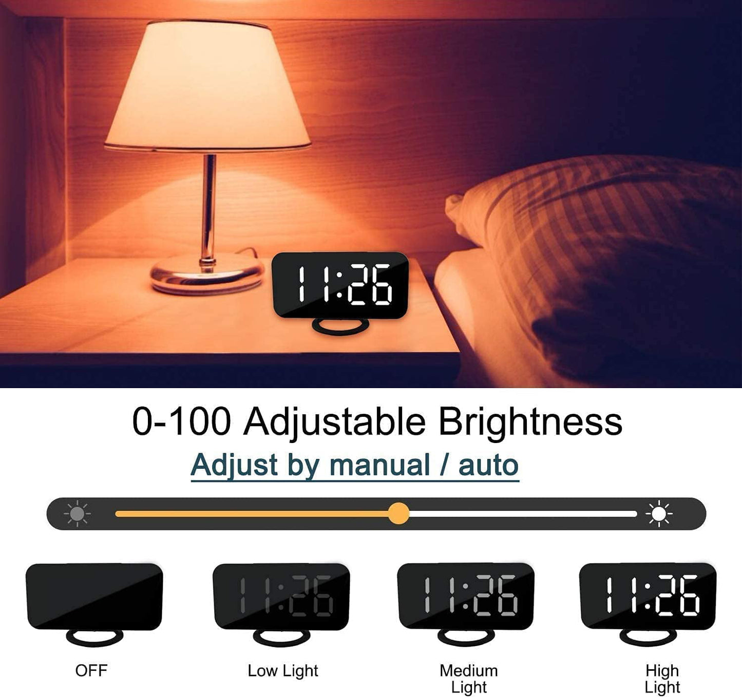 Digital Alarm Clock, LED Electric Alarm Clocks Mirror Surface for Makeup with Diming Mode, 3 Levels Brightness, Dual USB Ports Modern Decoration for Home Bedroom Decor