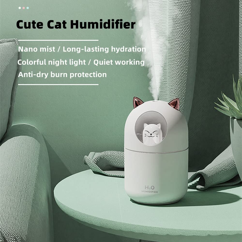 Small Humidifiers for Bedroom - 300ml Mini Cute Cool Mist Humidifiers with Colorful Night Light, 2 Spray Modes, Ultra-Quiet, Portable Personal Air Humidifier for Kids Baby Room Office Desk