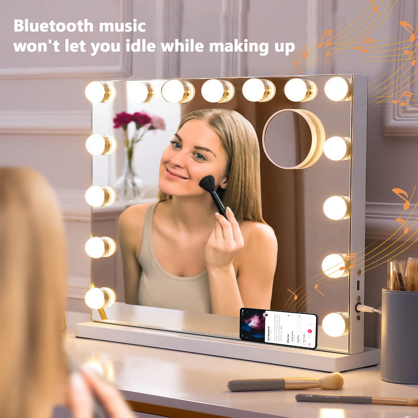 Vanity Mirror with Lights, Makeup Mirror with Bluetooth  and 10X Magnification, Hollywood Lighted Mirror with 15 Dimmable LED Bulbs for Dressing Room & Bedroom