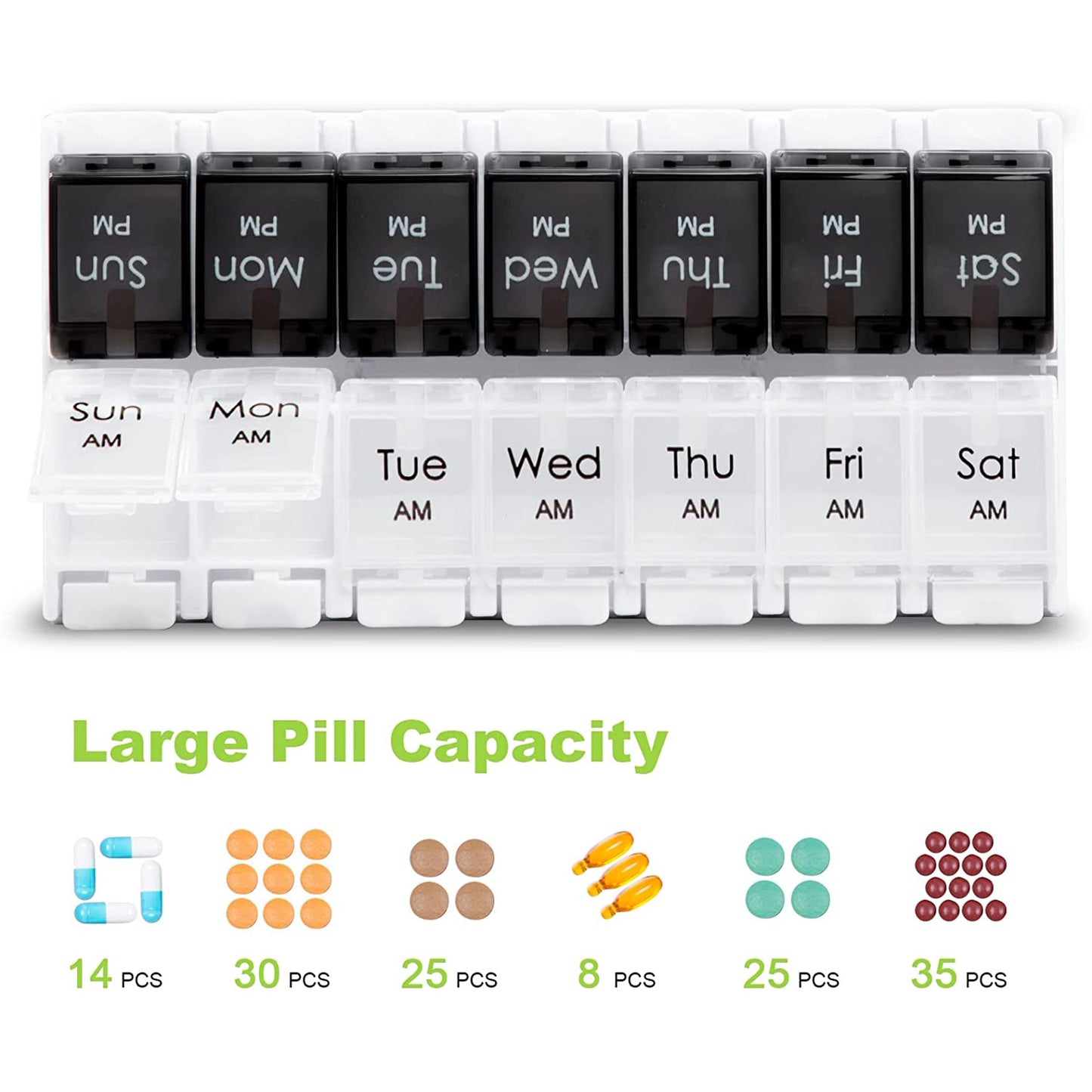Lukka Pill Organizer, 7 Day Pill Box Twice a Day with Push Button, Arthritis Friendly Day Night Vitamin Organizer, Weekly Pill Case Container