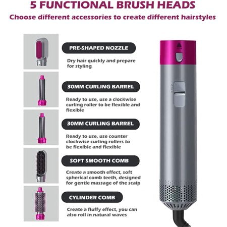 5 in 1 Hair Dryer Brush, Negative Iong Hair Straightener Volumizer Hair Curler Hot Air Wrap Comb Brush for Create a Variety of Hairstyles, Pink