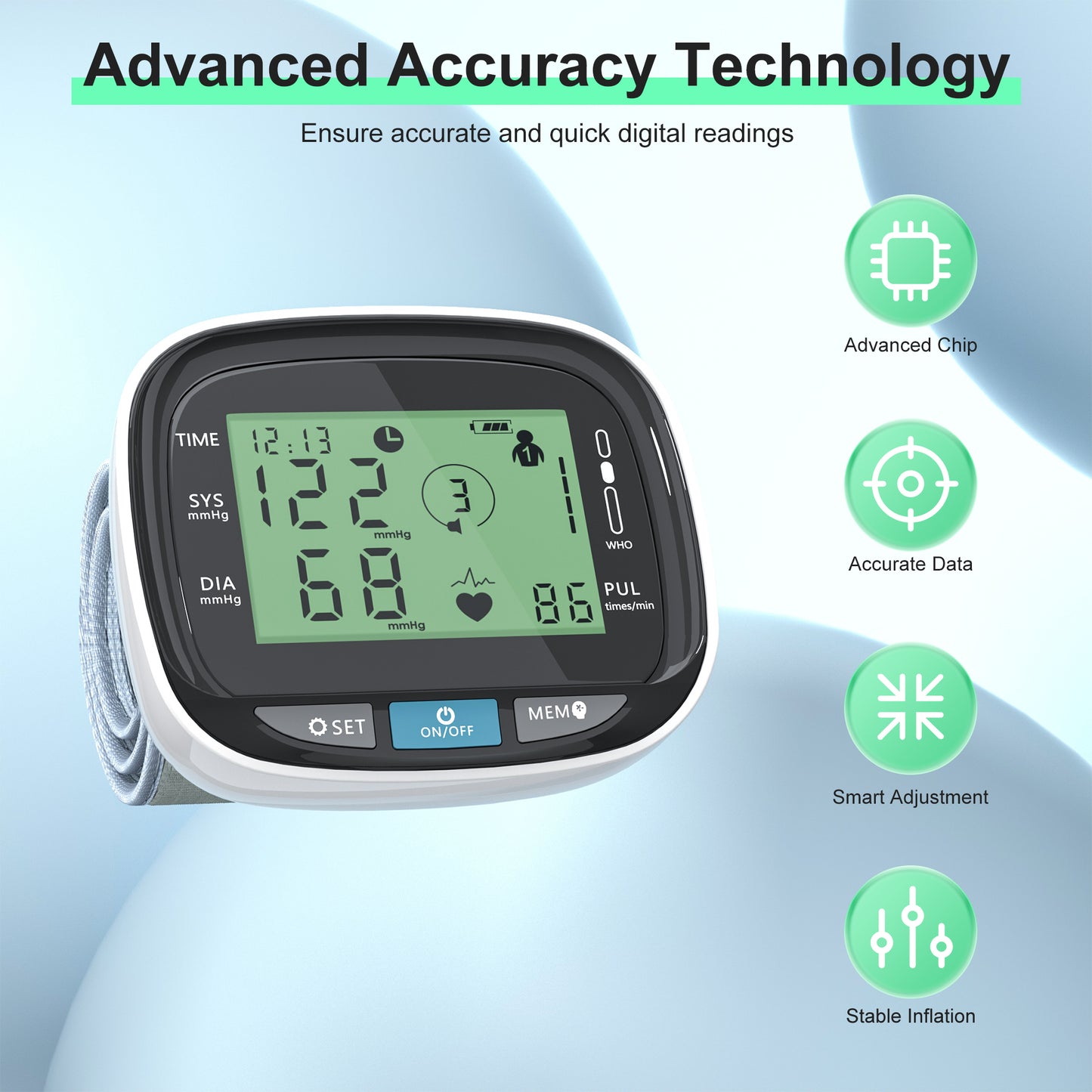 Blood Pressure Monitor, Wrist Blood Pressure Cuff with USB Charging, Home BP Monitor Cuff with Intelligent Voice & Irregular Heartbeat