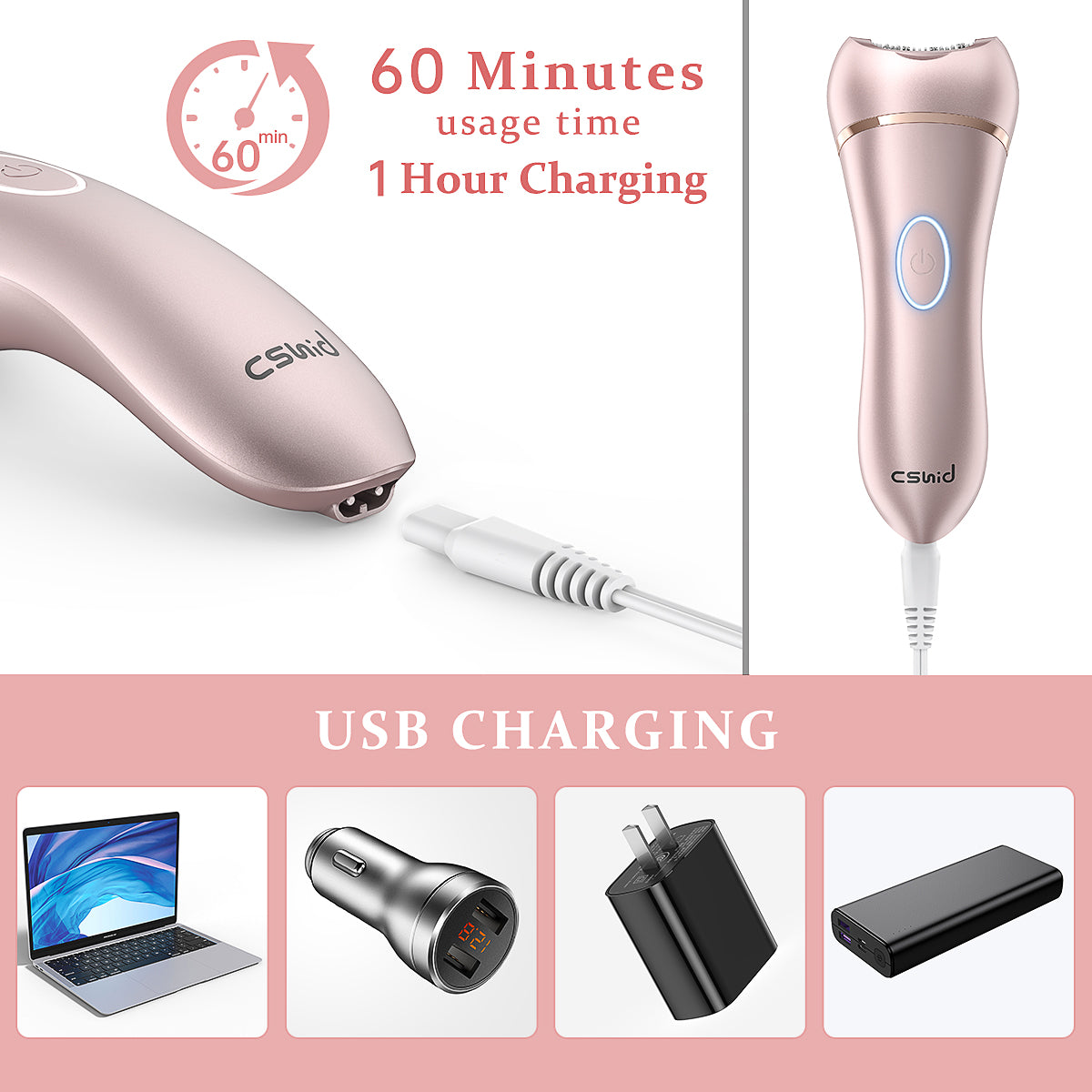 Cshid Epilator for Women, 2 in 1 Womens Electric Shaver IPX6 Waterproof Wet & Dry Lady Electric Razor, Female Painless Cordless Hair Removal USB Recharge for Legs Underarms Face Armpit Bikini Trimmer