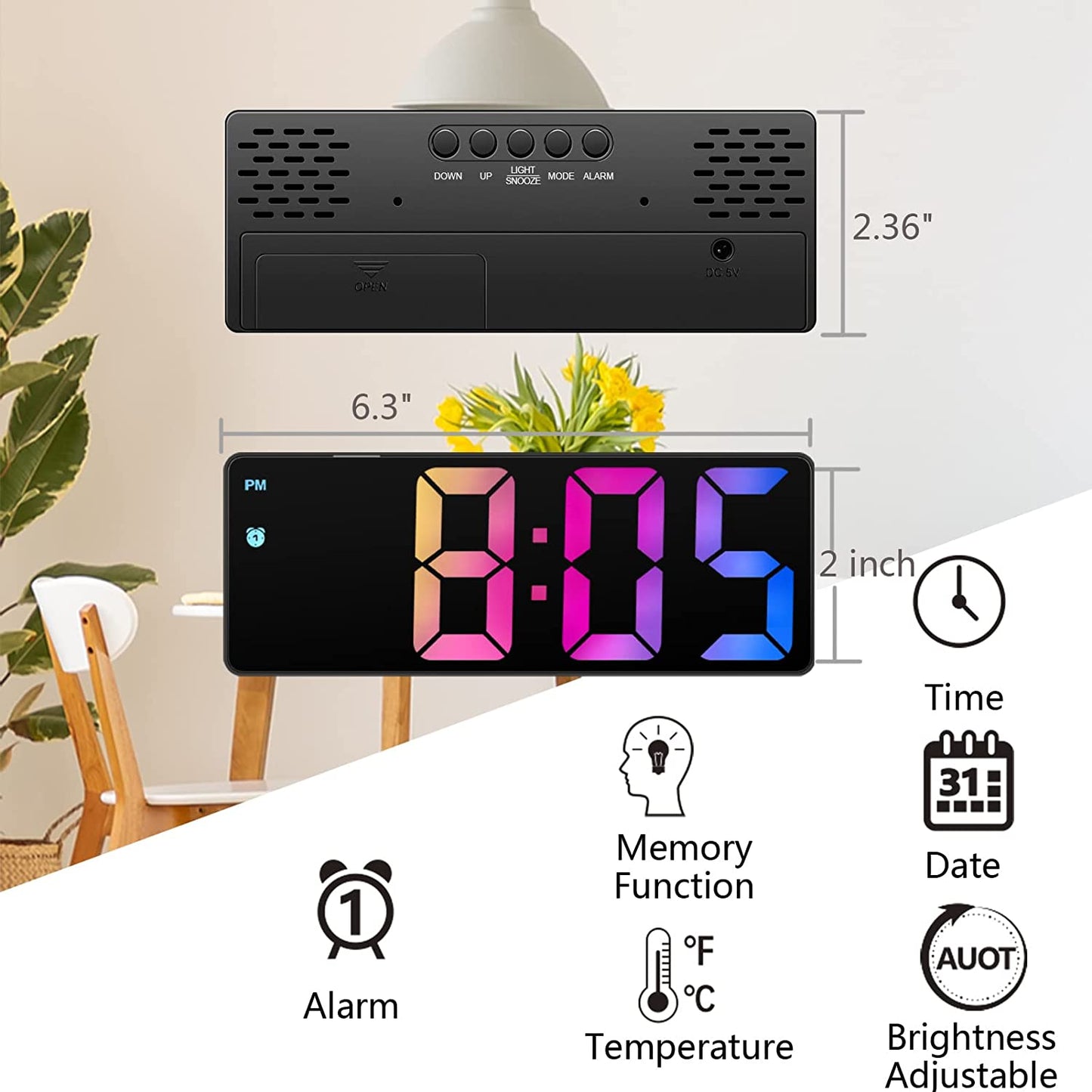 12/24 Bedroom Alarm Clock, 6.5 Inch HD Display, Color Digital, 3-level Brightness Adjustable Desk Clock