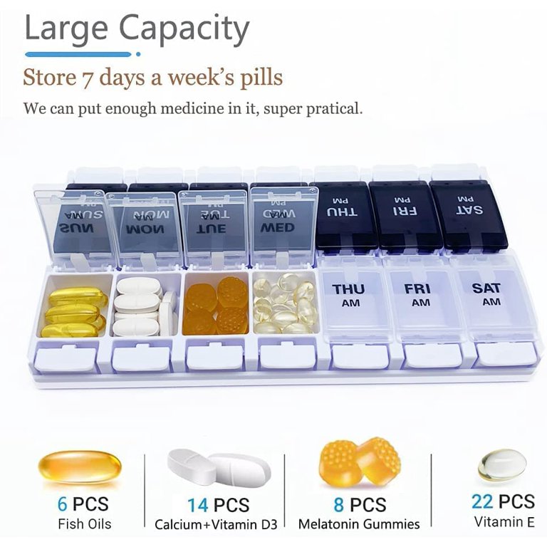 BDUN 7 Day Pill Organizer AM PM 2 Times a Day, Large Capacity Weekly Pill Box Twice Daily, Pill Case 14 Dividers BPA-Free Medicine Organizer with Easy Push Button