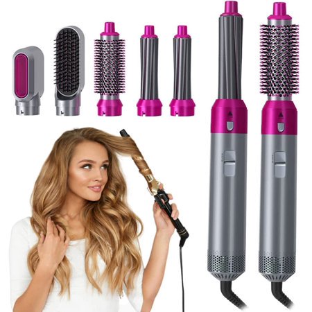 5 in 1 Hair Blower Hot Air Styler, Negative Ion Hair Straightener Volumizer Hair Curler Hot Air Wrap Comb Brush, Pink