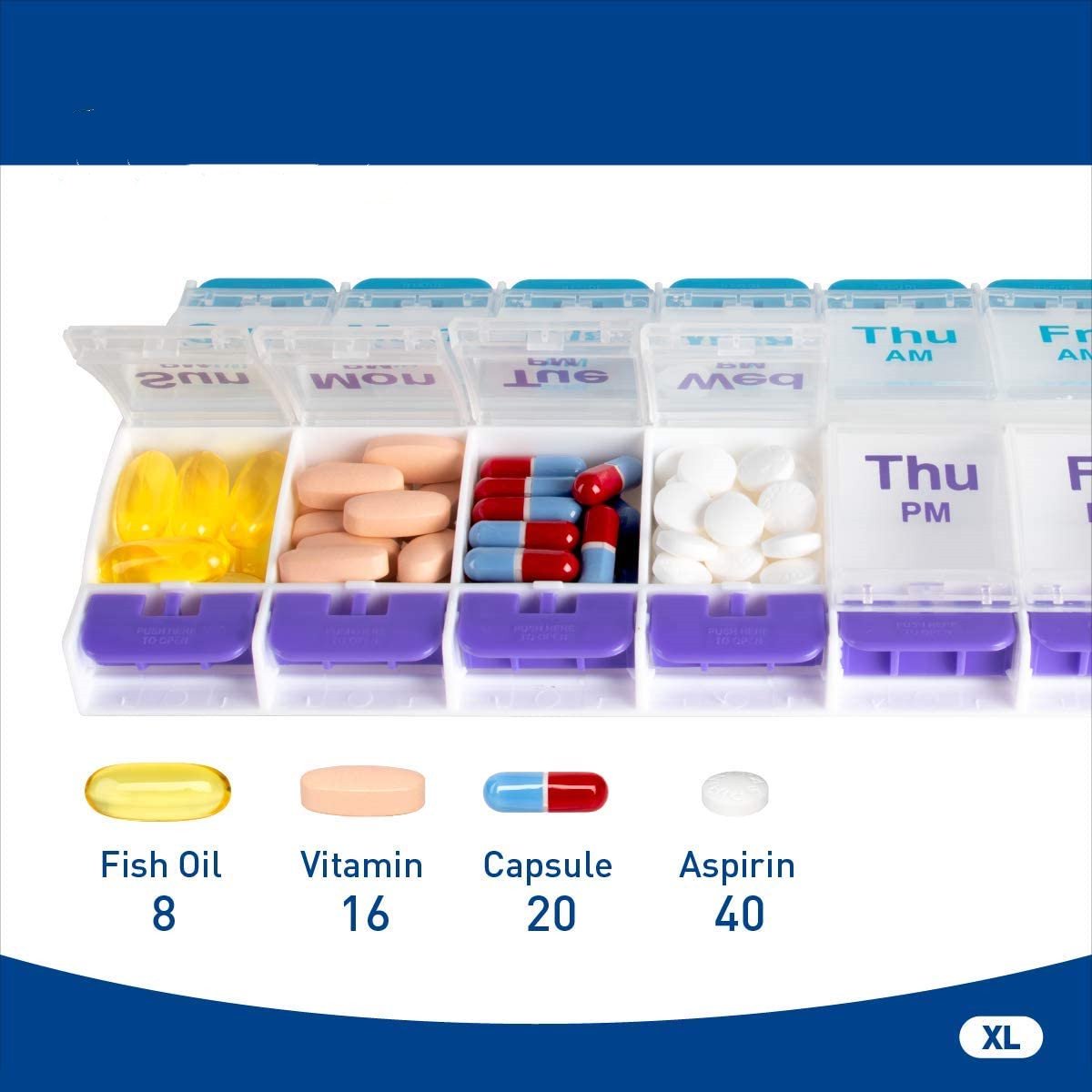 BDUN Push Button Pill Organizer, Weekly Pill, Medicine, Vitamin Organizer Box, 7 Days Pill Container, 2 Times a Day, AM PM, Large Compartments, Arthritis Friendly