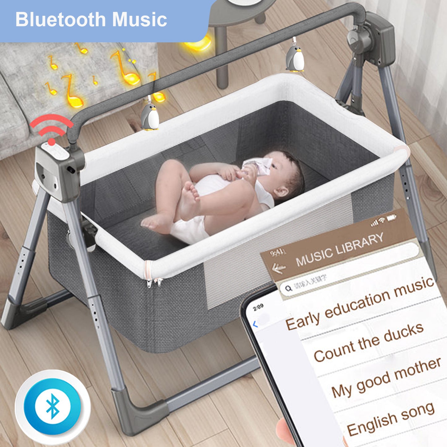 Baby Bassinet for Infants, Auto-Swing Bedside Sleeper One-Click Folding Toddler Bassinet with 5 Natural Sway Speeds & Bluetooth Music