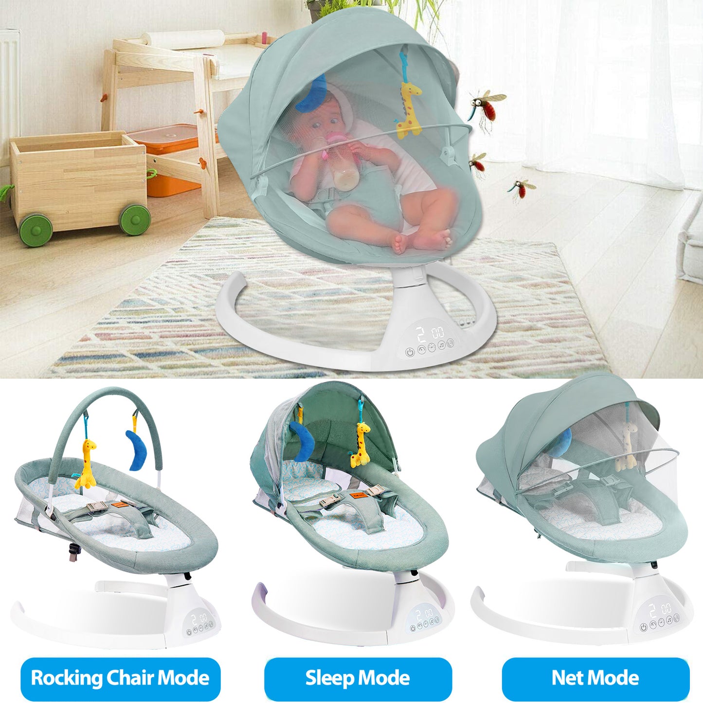 Baby Swing, Portable Bluetooth Baby Swing, Remote Control Baby Bouncer with 5-Speeds for Infants, Unisex, Green