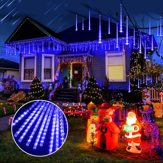 Christmas Lights, String Lights Outdoor, Meteor Shower Lights Outdoor 12 Inch 8 Tube 192 LED Meteor Lights, Raindrop Snowfall Lights for Tree Yard Party Patio Christmas Decor Lights, Blue