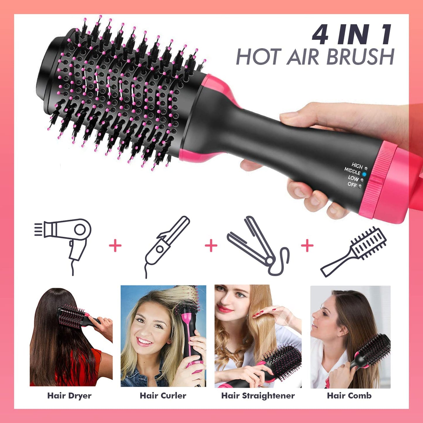 Hair Dryer Brush Blow Dryer Brush in One, Professional Hot Air Brush 4 in 1 One Step Hair Dryer and Styler Volumizer with Negative Ion for Drying, Straightening, Curling, Salon for All Hair Types