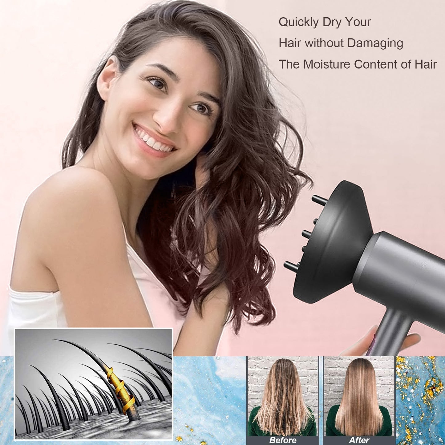 1800W Professional Hair Dryer with Diffuser, Byfumay Ionic Hair Dryer Fast Hairdryer Blow Dryer, AC Motor Heat Hot and Cold Wind Constant Temperature Hair Care Without Damaging Hair