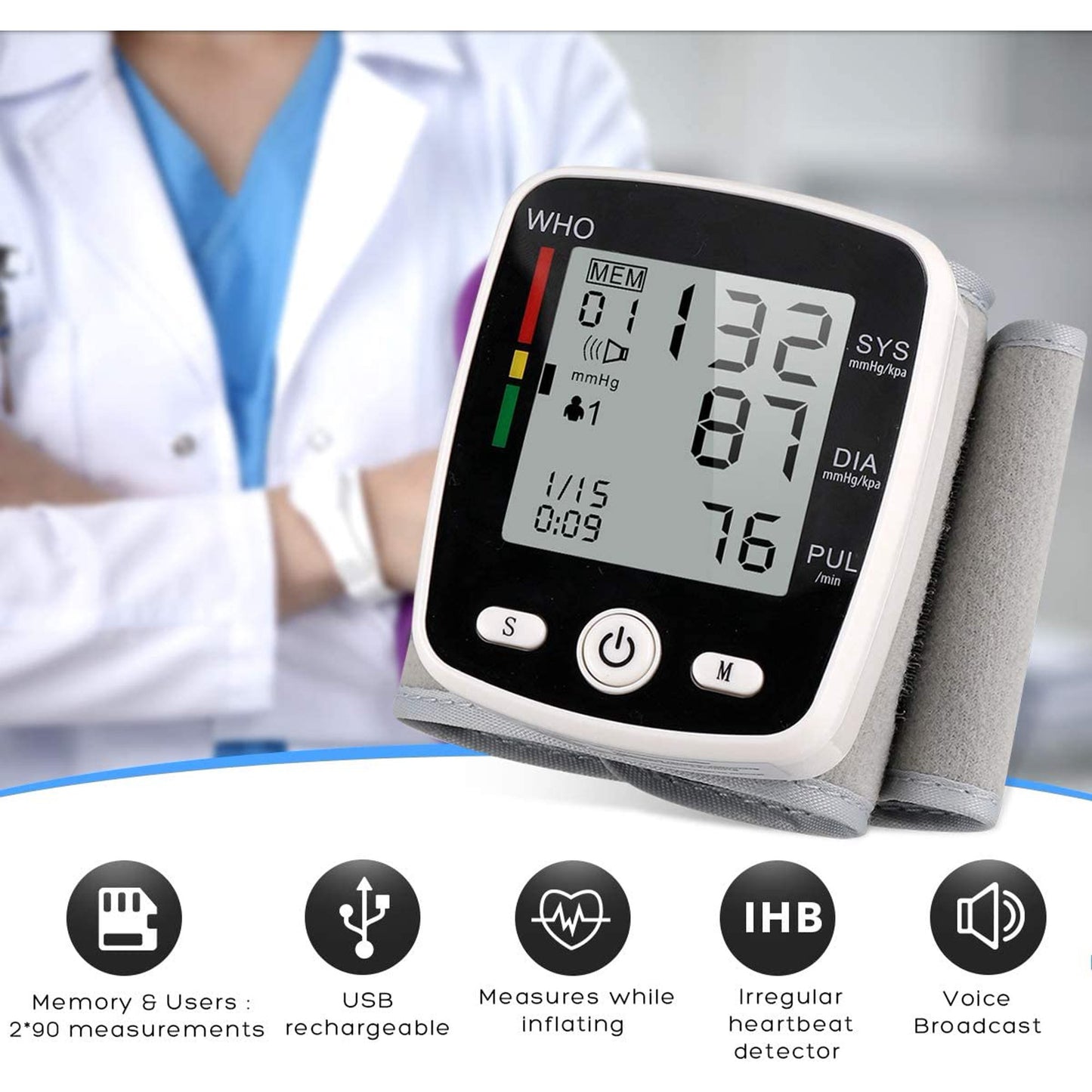 BDUN Blood Pressure Monitor, Wrist Blood Pressure Cuff Monitor with USB Charging, Automatic Digital BP Machine,Voice Broadcast, Large Display Screen