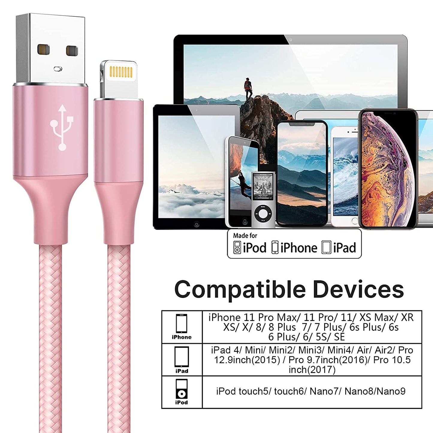 SPBPQY Extra Long Phone Charger [3-Pack 6FT 10FT 10FT] Nylon Braided USB Charge & Data Sync Cable Cord Compatible with iPhone Case X/8/8 Plus/7/7 Plus/ 6/6s Plus/5s/5,iPad Mini Case - Pink