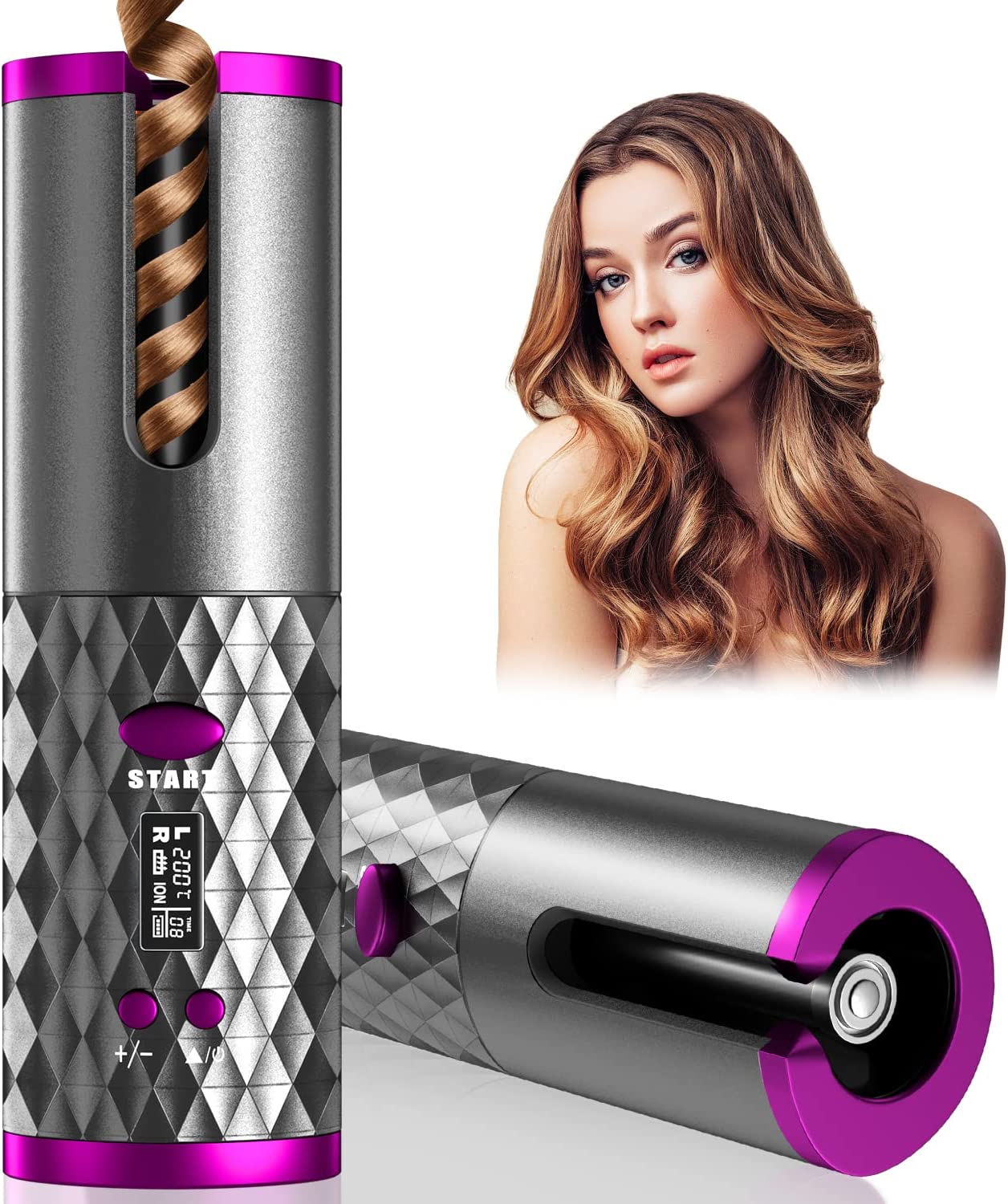 Automatic Curling Iron, Cordless Auto Hair Curler, Ceramic Rotating Hair Curler with 6 Temps & Timers, Portable Rechargeable Curling Wand, Auto Shut-Off, Fast Heating Iron for Styling