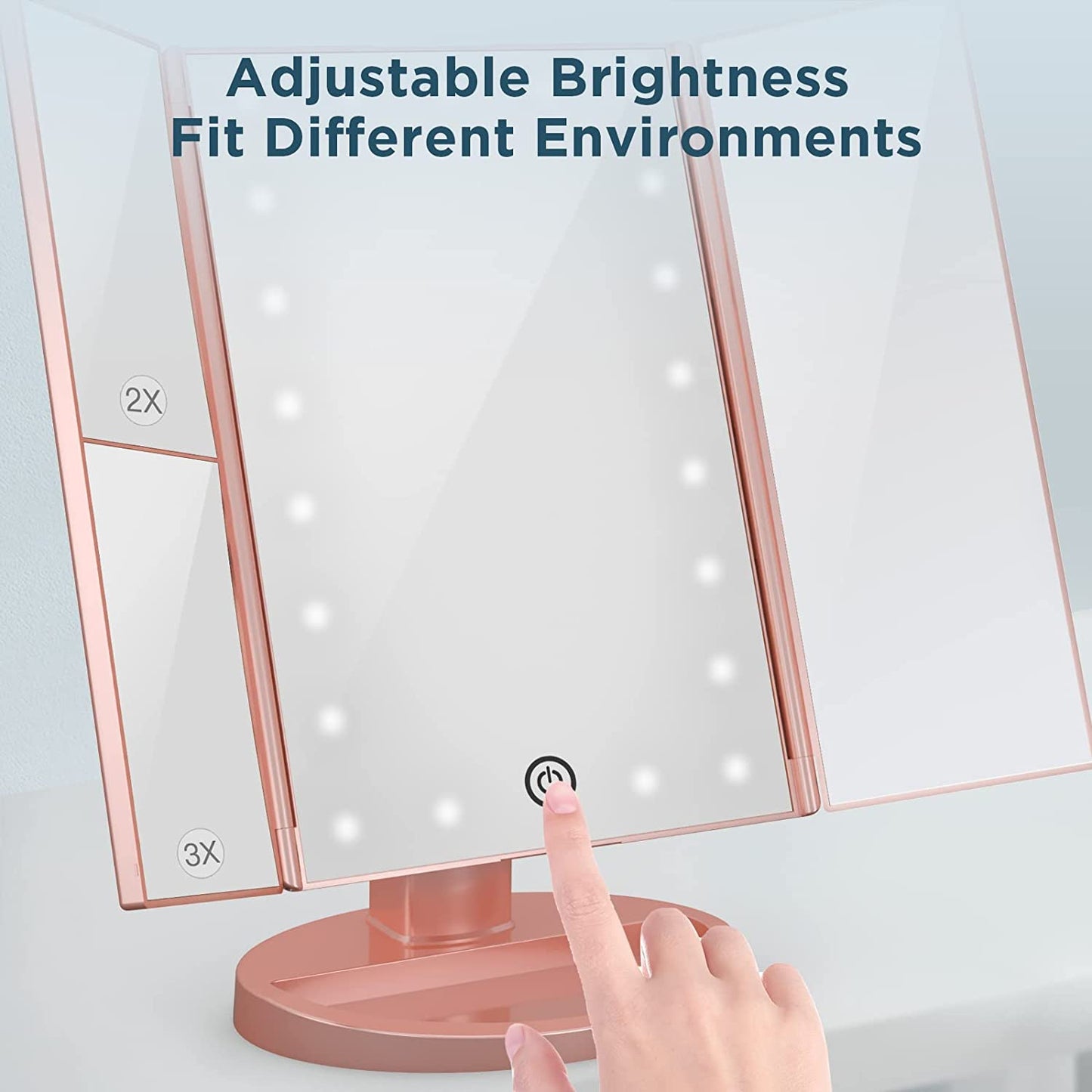 Makeup Mirror Vanity Mirror with Lights, 1x 2X 3X Magnification, Lighted Makeup Mirror, Touch Control, Trifold Makeup Mirror, Dual Power Supply, Portable LED Makeup Mirror, Women Gift (Rose Gold)