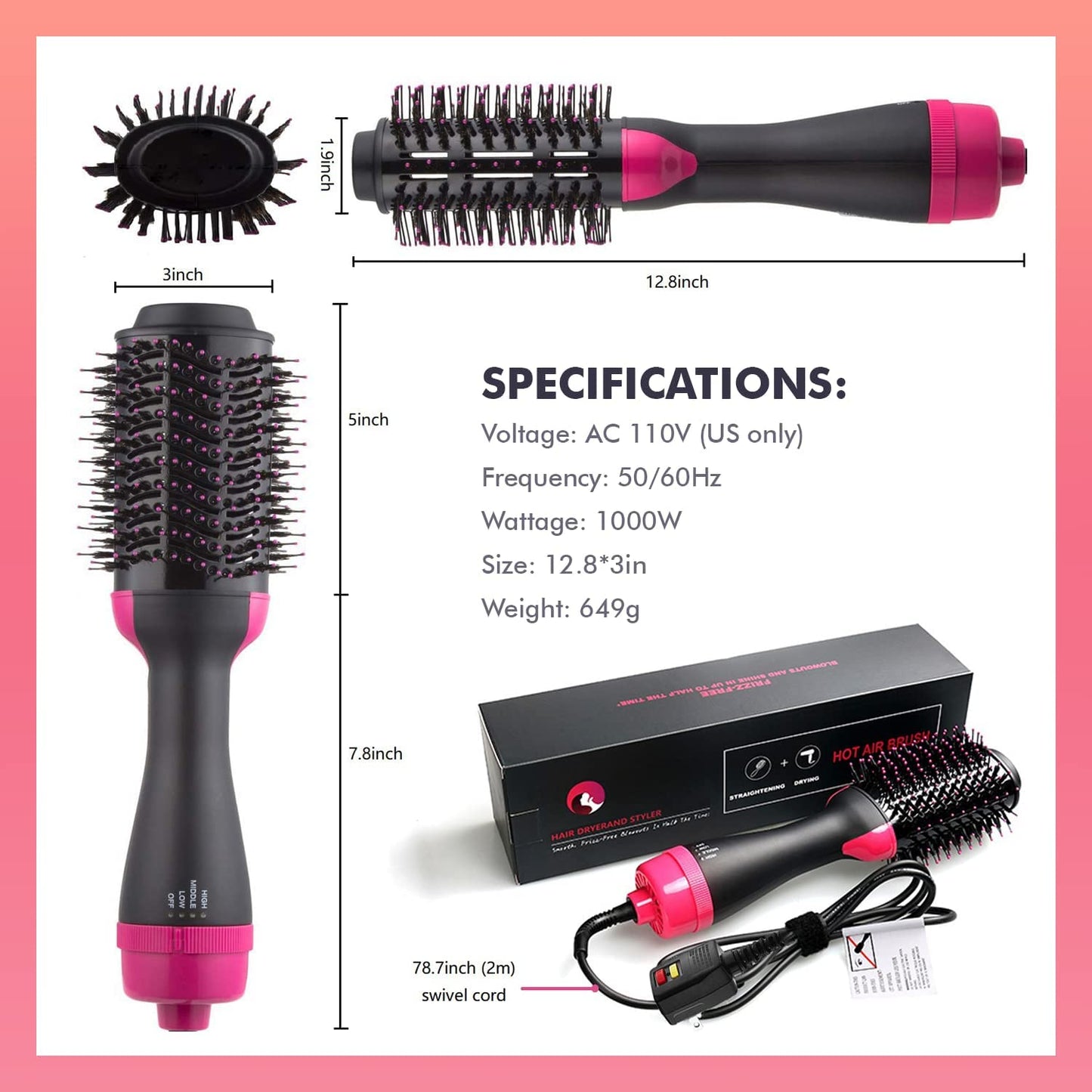 Hair Dryer Brush Blow Dryer Brush in One, Professional Hot Air Brush 4 in 1 One Step Hair Dryer and Styler Volumizer with Negative Ion for Drying, Straightening, Curling, Salon for All Hair Types