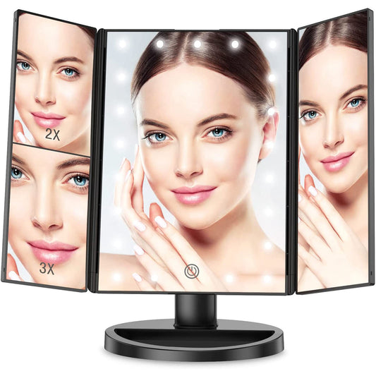 Elecsop Makeup Mirror Vanity Mirror with 22 LED Lights, Touch Screen 3X/2X/1X Magnification, Lighted Makeup Mirror, Trifold Makeup Mirror(Black)